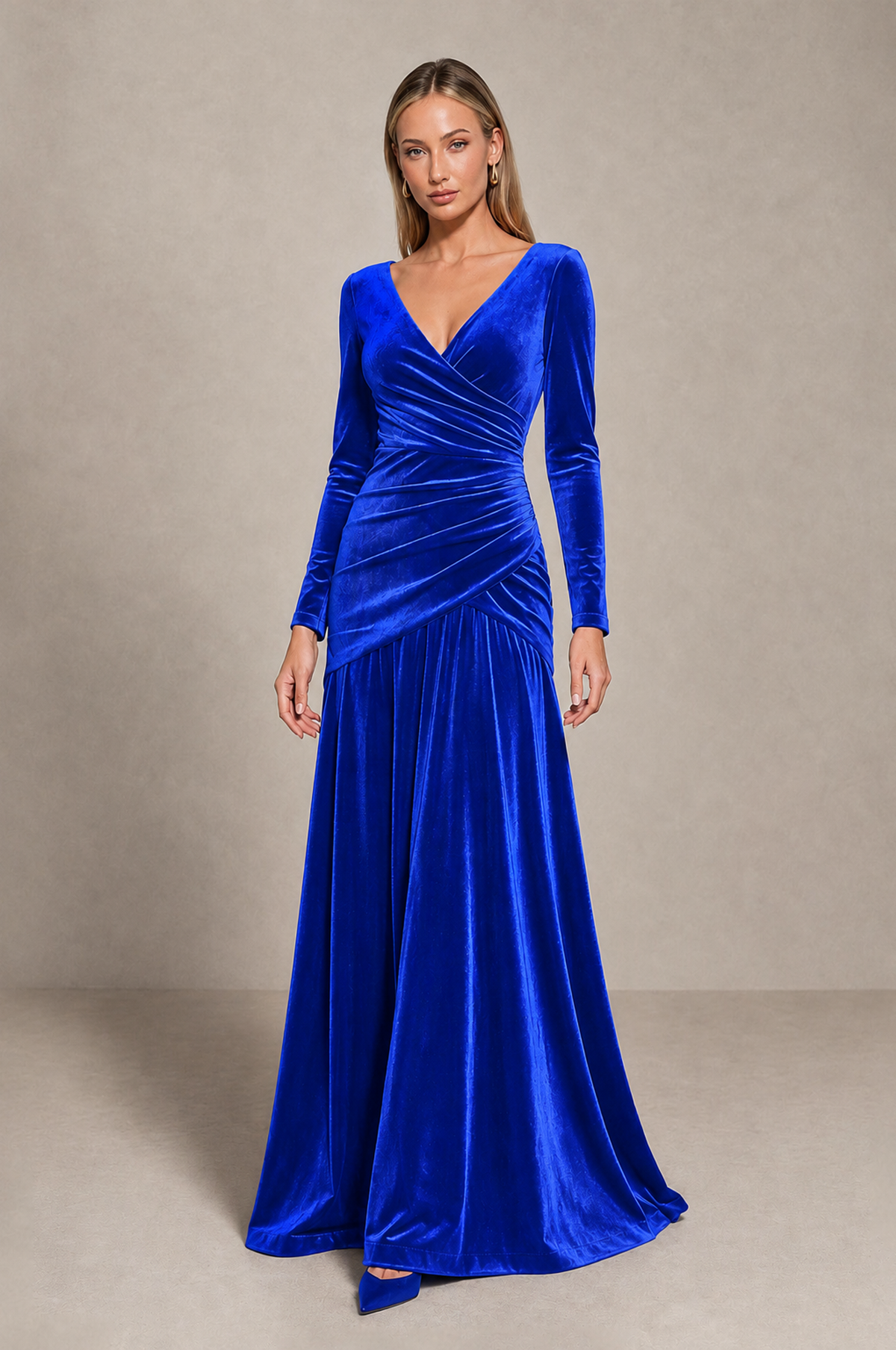 BOLODOO Royal Blue Velvet Long Sleeve V-Neck Ruched Evening Dress - Royal Blue - Royal_Blue_1