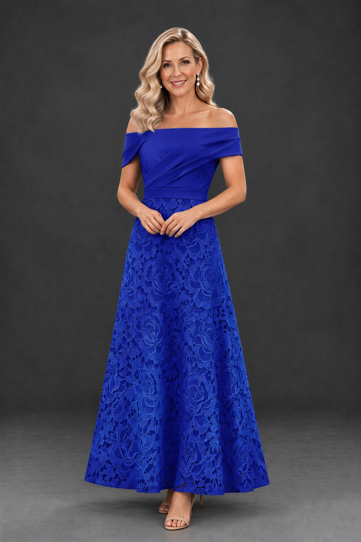 BOLODOO Royal Blue Off-the-Shoulder Floral A-Line Mother of the Bride Dress - Royal Blue - Royal Blue_1