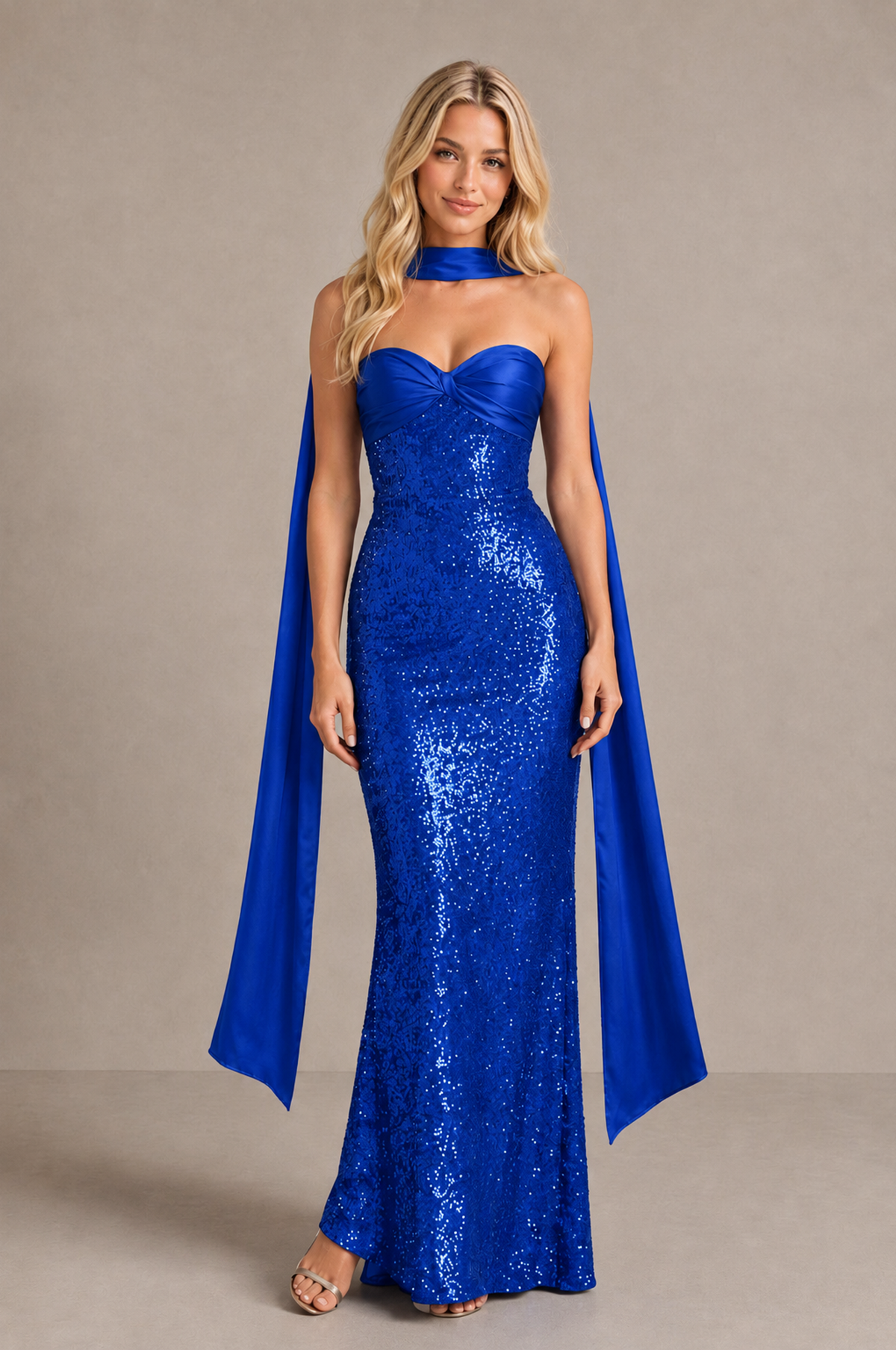 BOLODOO Royal Blue Strapless Sweetheart Evening Dress with Scarf - Royal Blue - Royal_Blue_1
