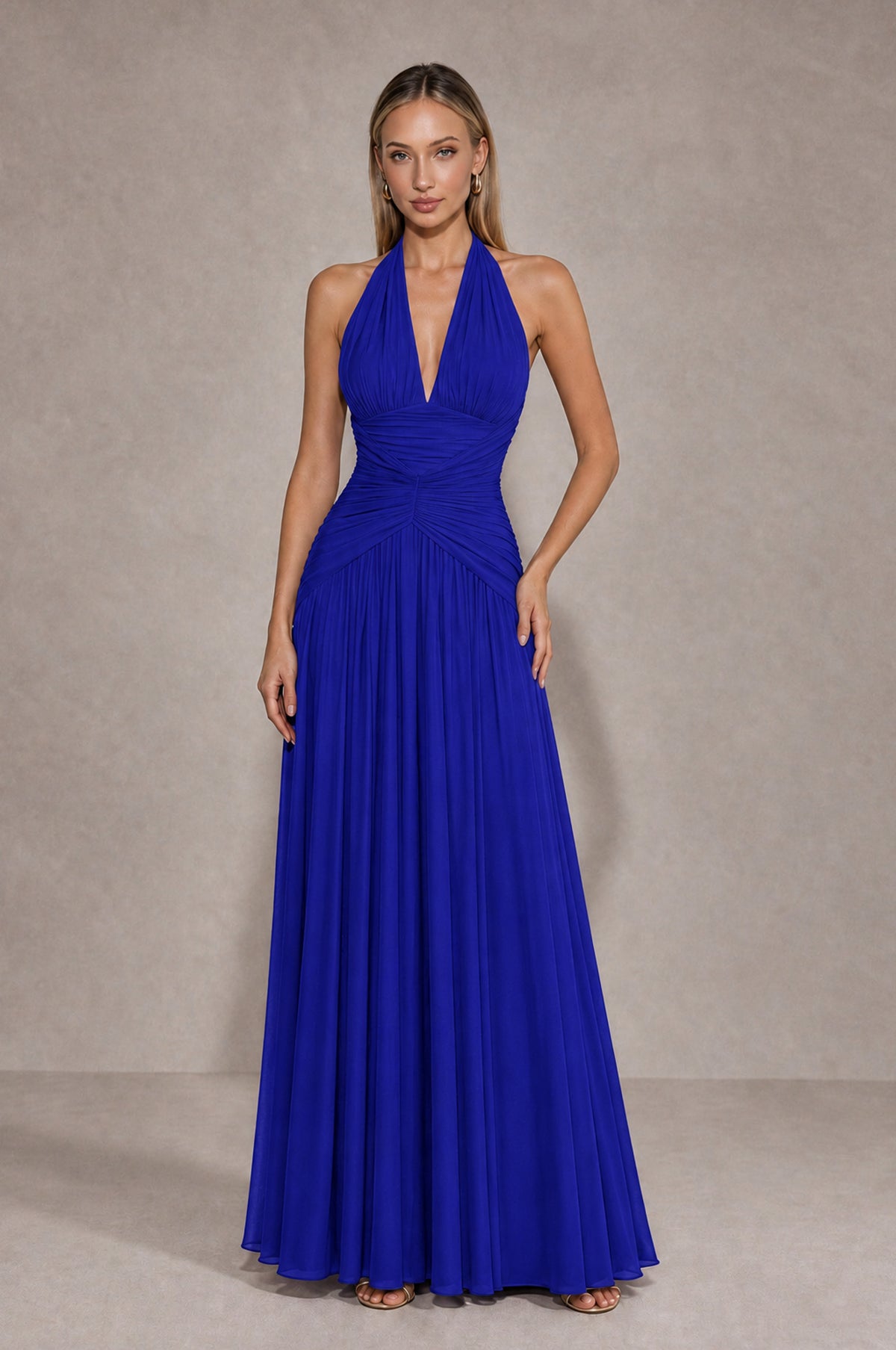 BOLODOO Royal Blue Chiffon Halter Deep V-Neck Ruched A-Line Backless Maxi Dress with Train-BD0167 - Royal Blue - Royal Blue_1