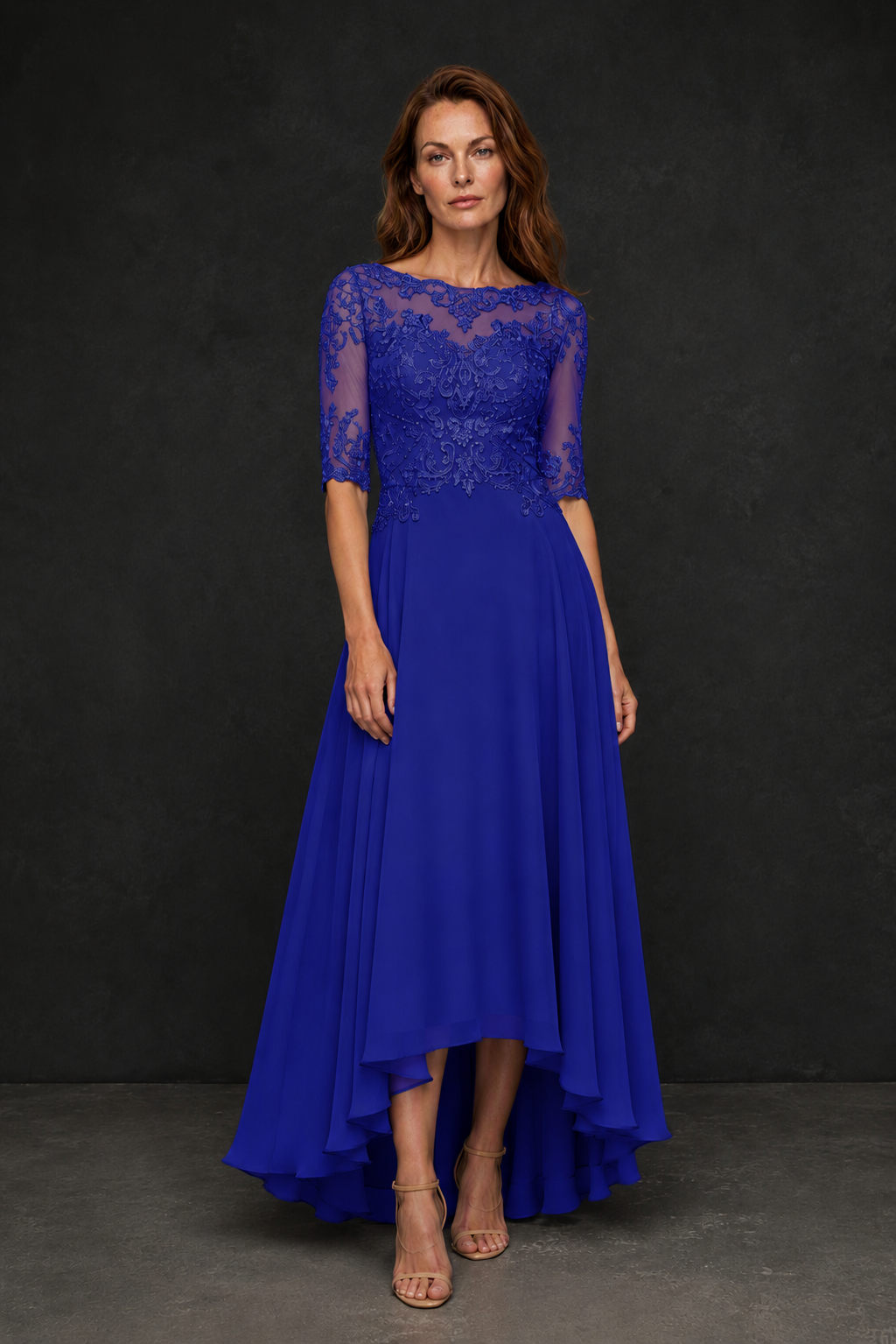BOLODOO Royal Blue Illusion Lace 3/4 Sleeve Hi-Lo Chiffon A-Line Dress | Mother of the Bride Tea Length Dress - Royal Blue