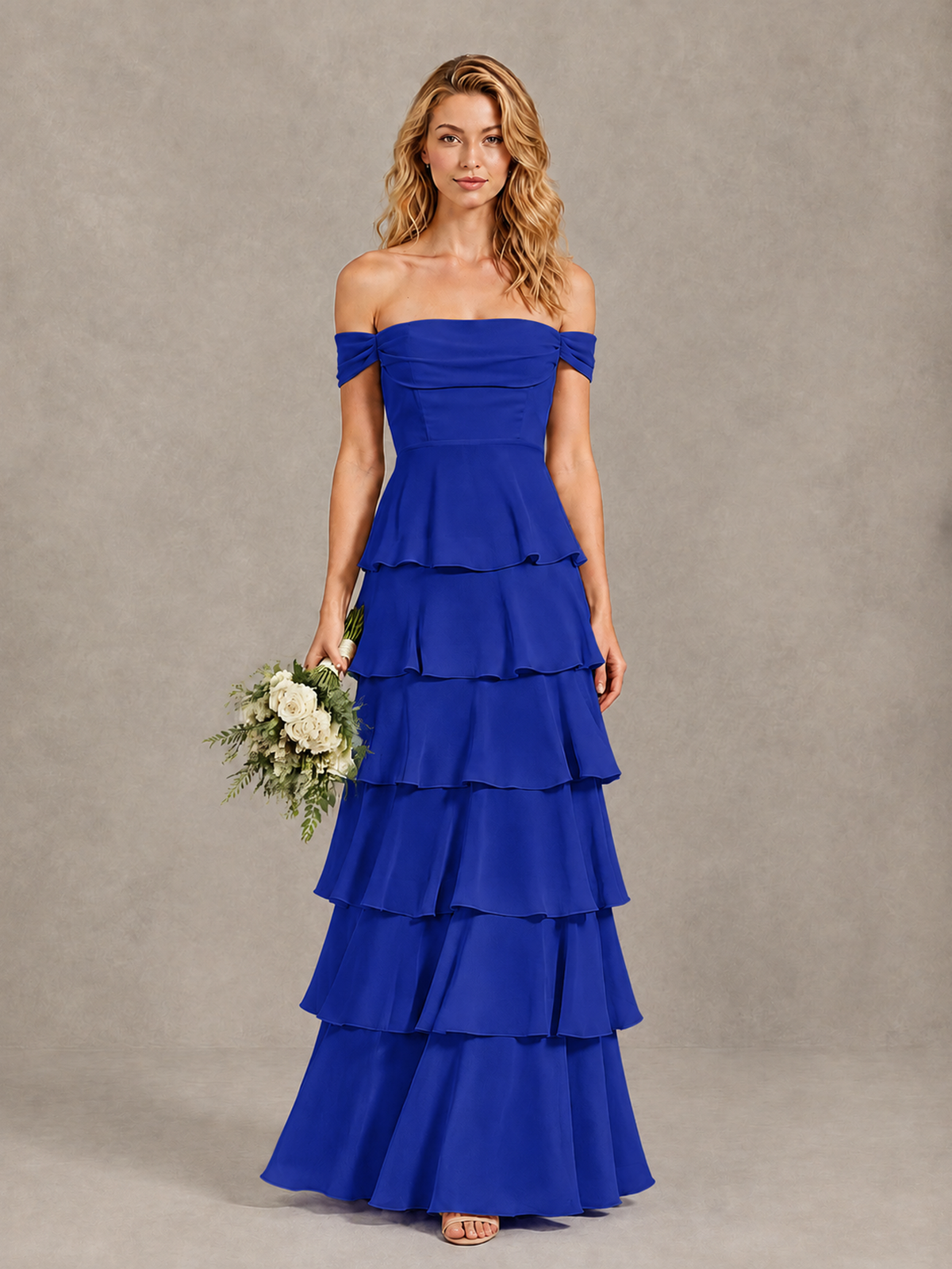 BOLODOO Royal Blue Off-Shoulder Tiered Ruffle Bridesmaid Dress with Lace-Up Back - Royal Blue - Royal Blue_1