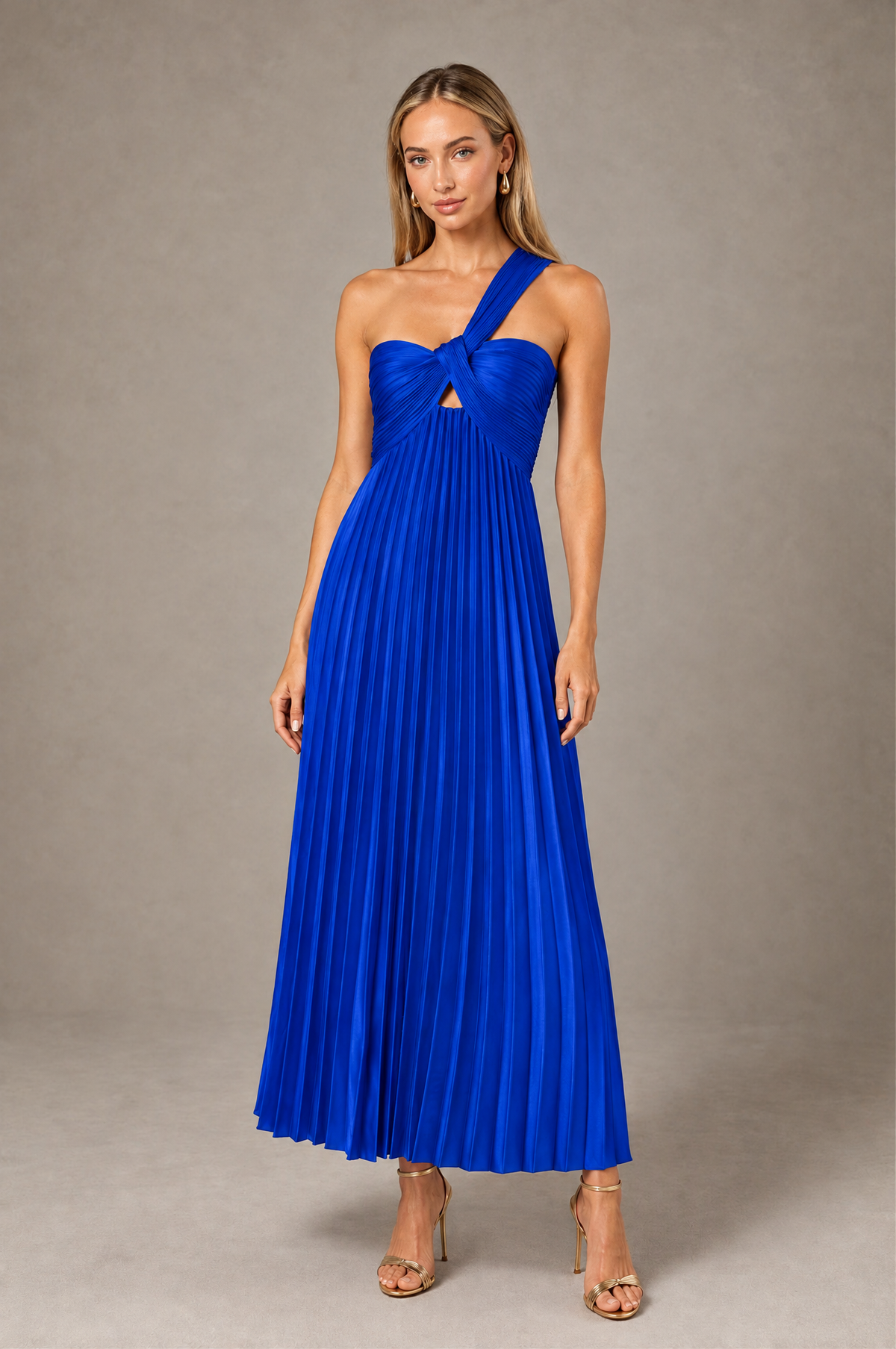 BOLODOO Royal Blue One-Shoulder Twist Knot Pleated Satin Midi Dress with Cutout - Royal Blue - Royal_Blue_1