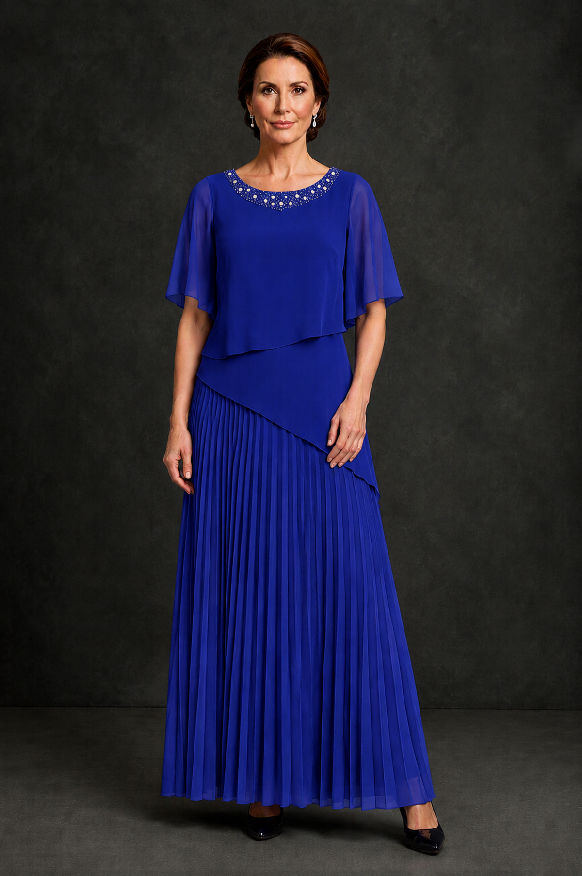 BOLODOO Royal Blue Pearl Beaded Neck Asymmetric Tiered Flutter Sleeve Pleated Chiffon Maxi Dress - Royal Blue - Royal_Blue_1