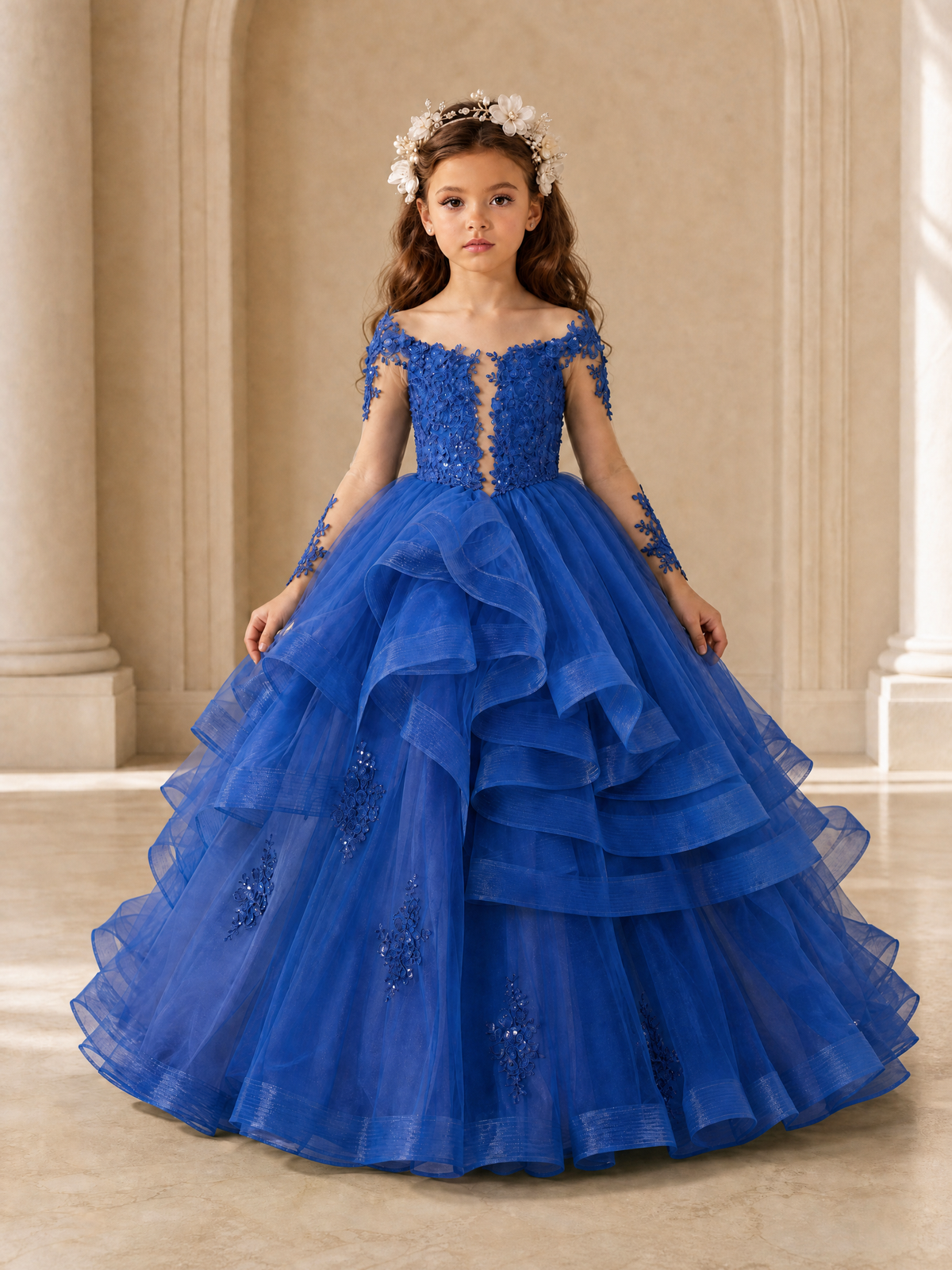 BOLODOO Royal Blue Lace Long Sleeve Tiered Flower Girl Dress - Royal Blue - Royal_Blue_1