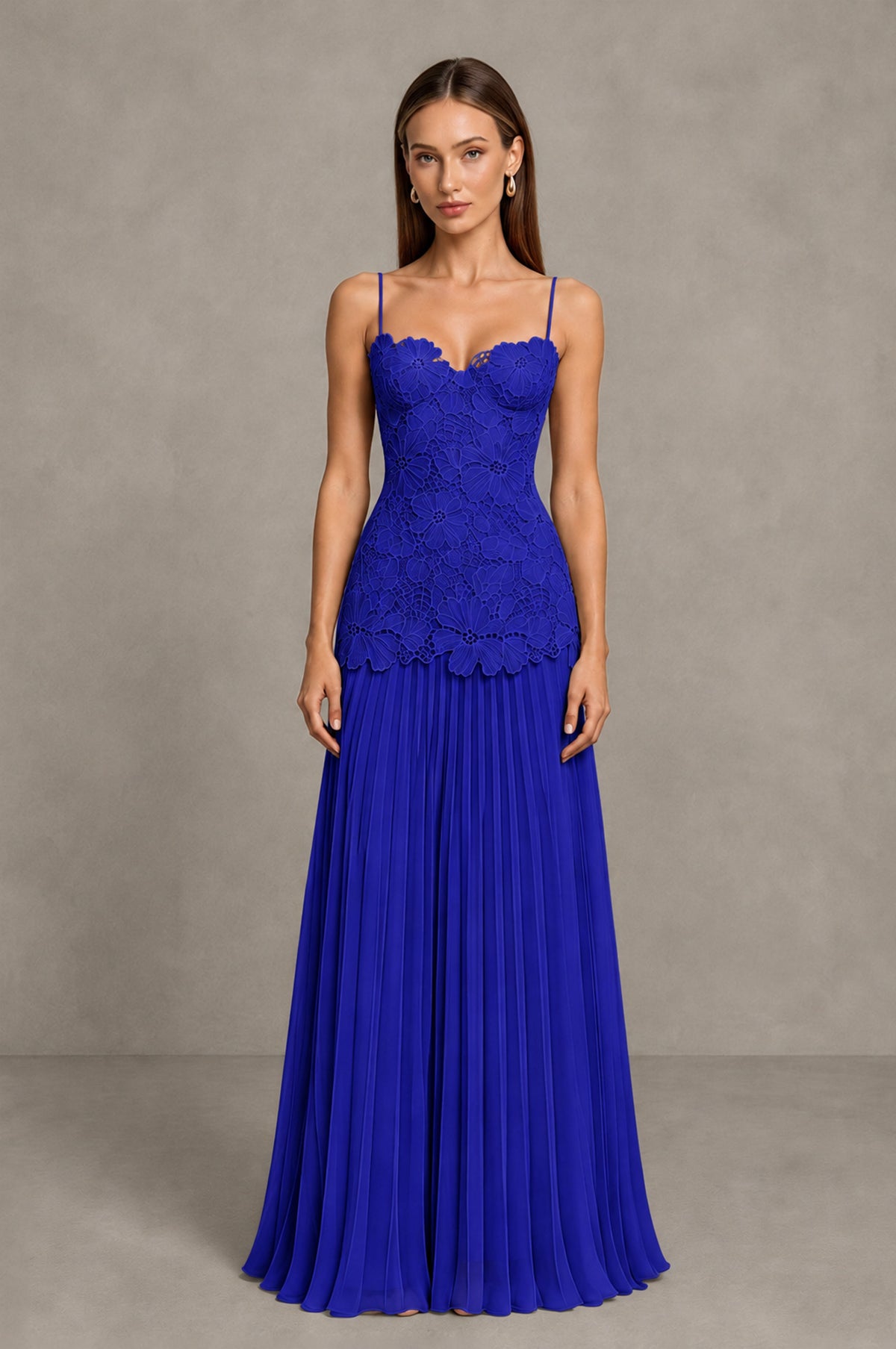 BOLODOO Royal Blue Lace Bodice Pleated Wedding Guest Dress - Royal Blue - Royal Blue_1