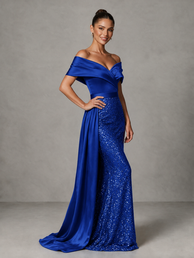 BOLODOO Royal Blue Sequin Mermaid Evening Dress with Off-Shoulder Satin Drape and Sweep Train - Royal Blue - Royal Blue_1