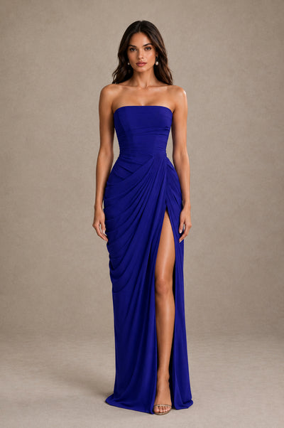 BOLODOO Strapless Draped Maxi Dress - Royal Blue Backless Evening Gown with High Slit - Royal Blue - Royal Blue_1