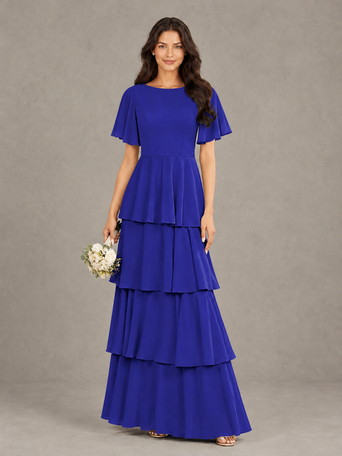 BOLODOO Royal Blue Tiered Flutter Sleeve Bridesmaid Dress - Royal Blue - Royal Blue_1