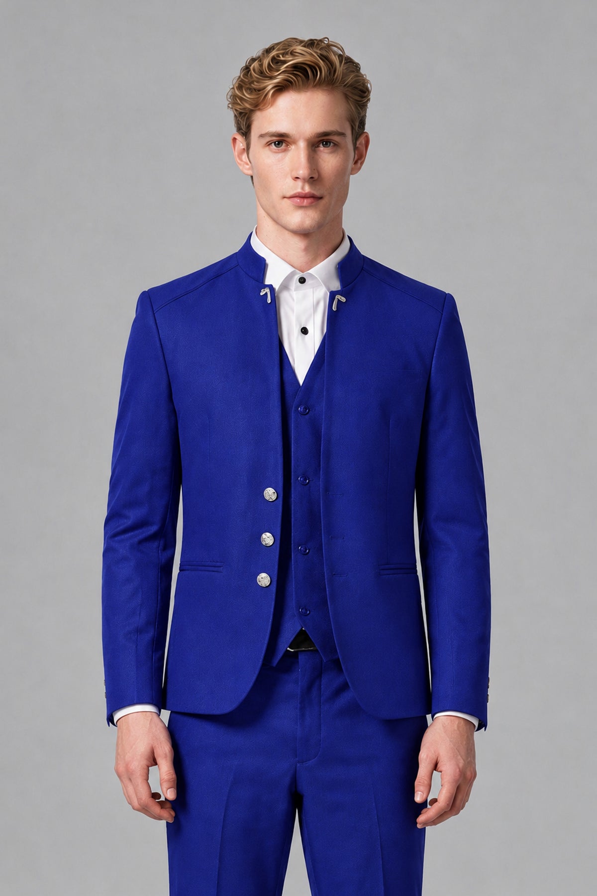 Bolodoo Men's Royal Blue Mandarin Collar 3-Piece Suit – Jacket, Vest & Trousers - Royal Blue - Royal Blue_1