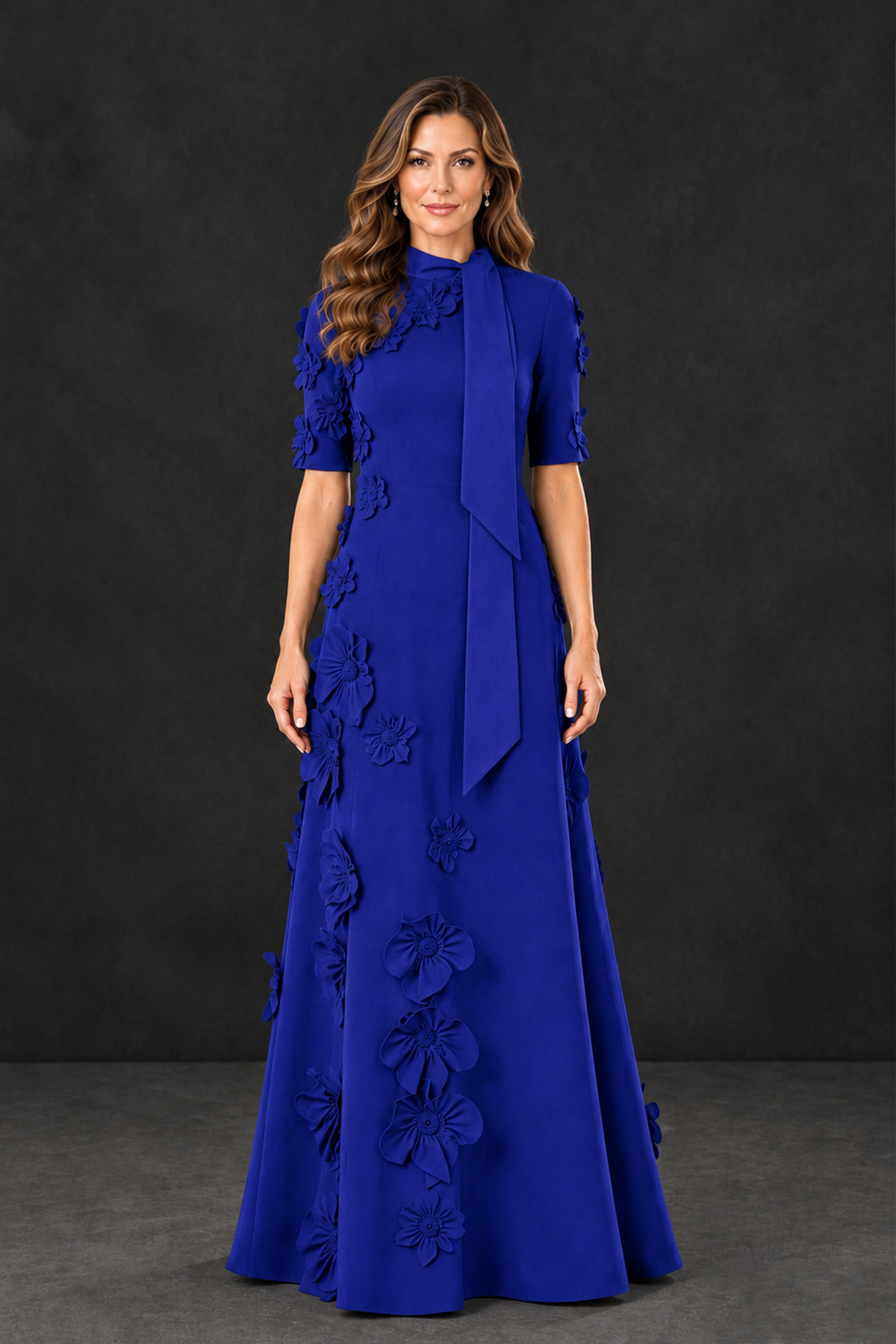 BOLODOO Royal Blue Floral Applique High-Neck Half-Sleeve Gown - Royal Blue - Royal Blue_1