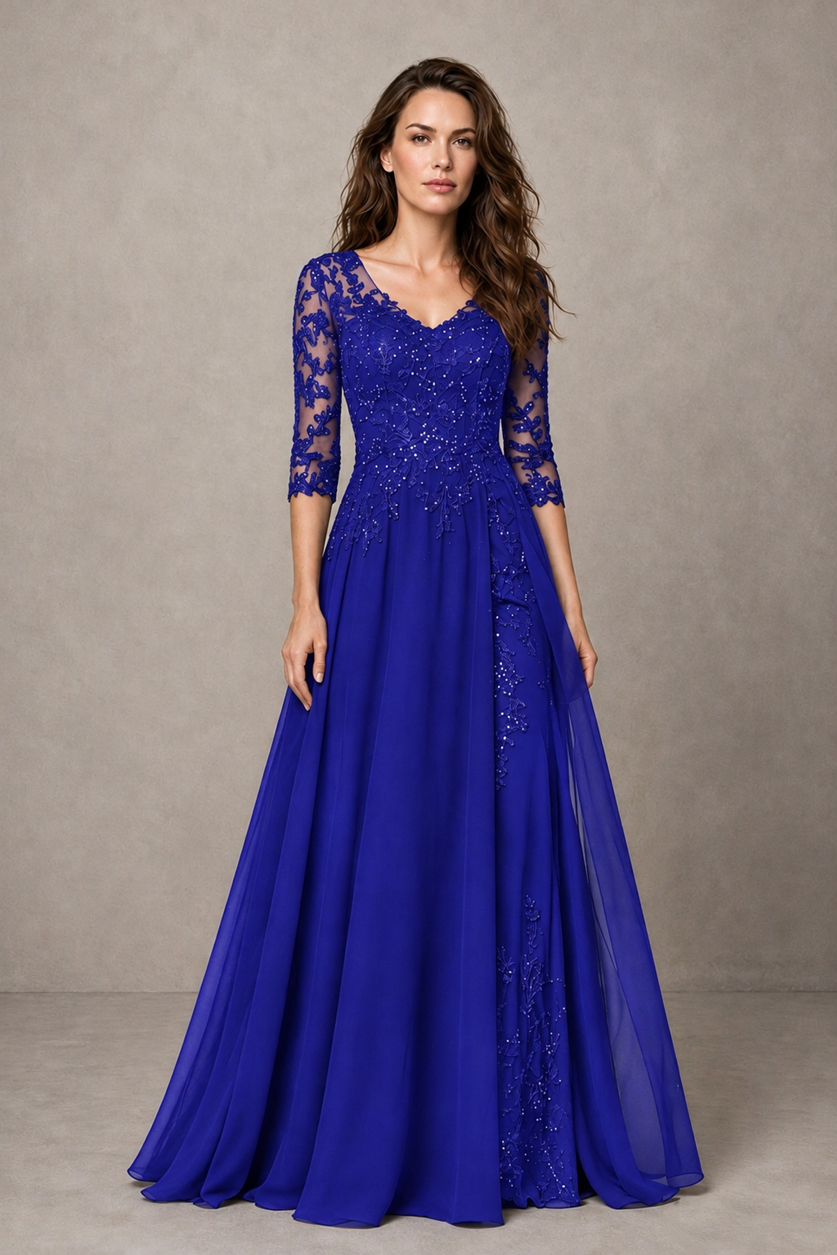 BOLODOO Midnight Royal Blue Beaded Lace Appliqué Chiffon A-Line Gown | Mother of the Bride & Formal Evening Dress - Royal Blue - Royal Blue_1