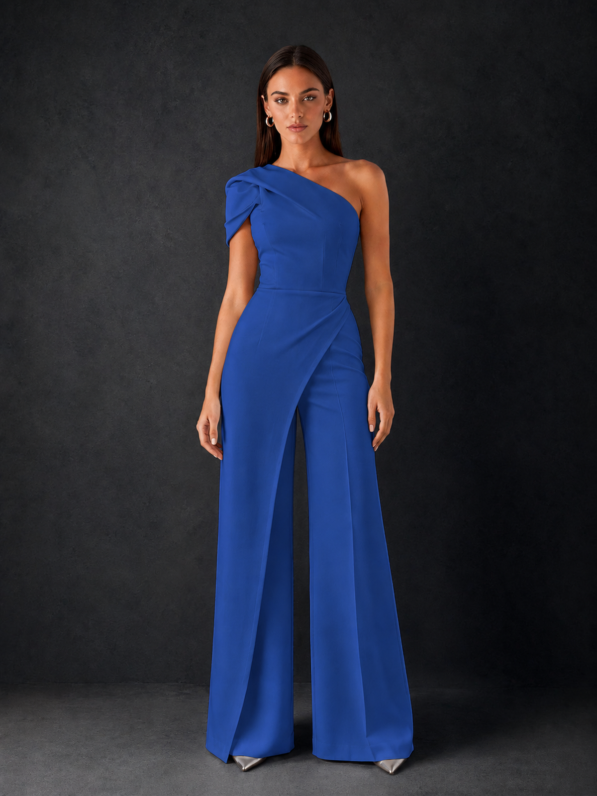 BOLODOO Royal Blue One-Shoulder Puff Sleeve Wide-Leg Jumpsuit with Front Slit and Open Back - Royal Blue