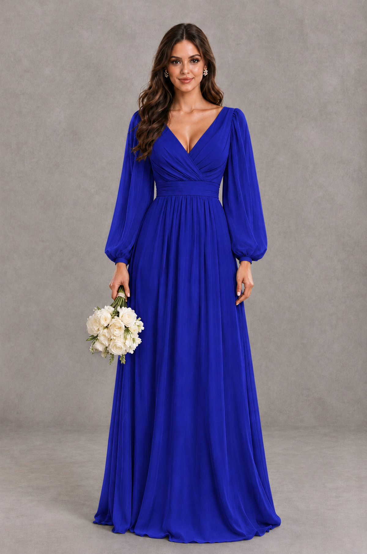 BOLODOO Royal Blue Long Sleeve V-Neck A-Line Bridesmaid Dress - Royal Blue - Royal Blue_1