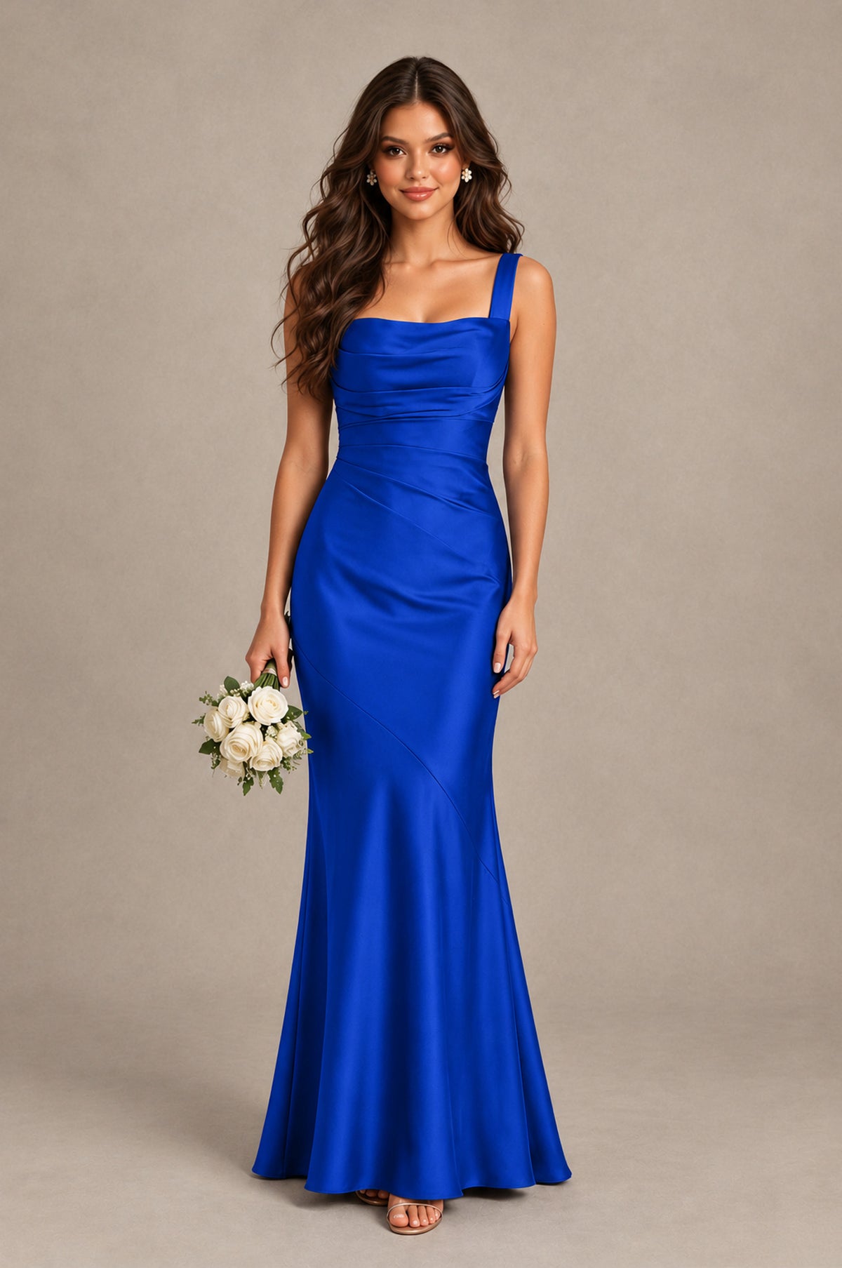 BOLODOO Royal Blue Square Neck Ruched Satin Lace-Up Bridesmaid Dress - Royal Blue - Royal Blue_1