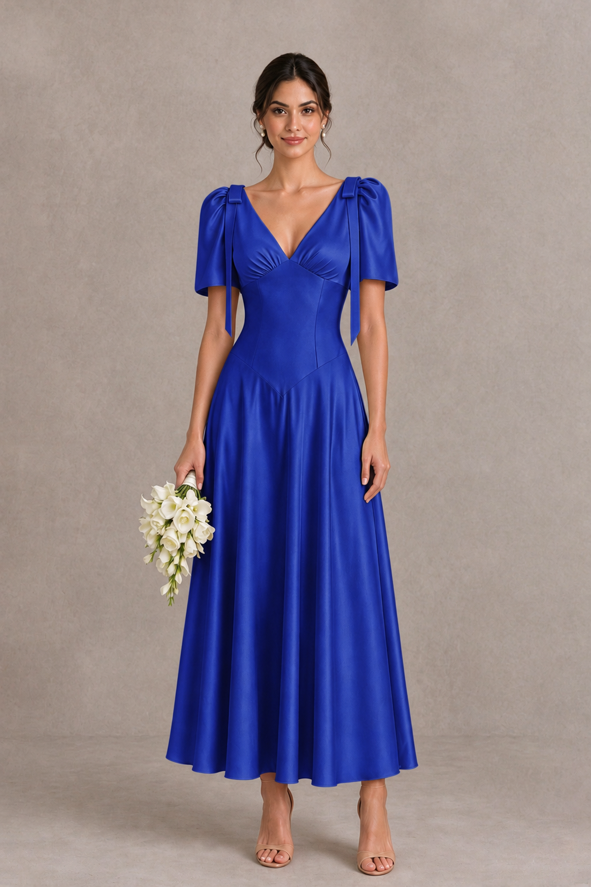 BOLODOO Royal Blue V-Neck Short Sleeve Satin-Look Bridesmaid Dress with Shoulder Bows - Royal Blue - Royal Blue_1