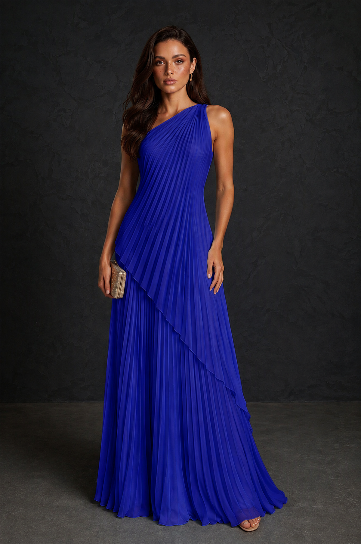 BOLODOO Royal Blue One-Shoulder Sunburst Pleated Asymmetric Layered Overlay Accordion Pleated Chiffon Maxi Dress - Royal Blue