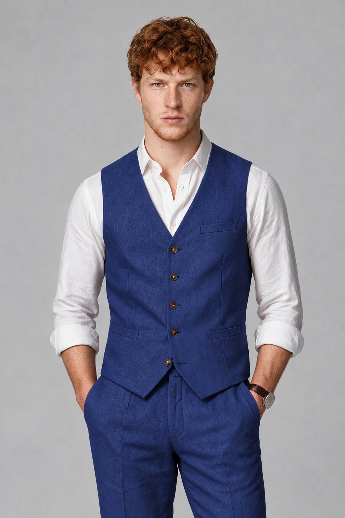 Bolodoo Men's Royal Blue 2-Piece Vest and Pants Set with V-Neck Waistcoat - Royal Blue - Royal Blue_1