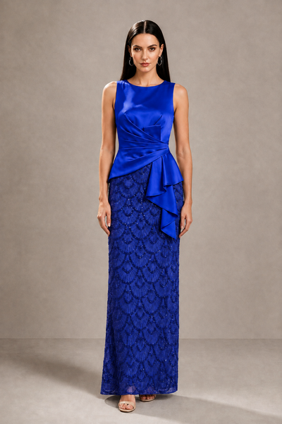 BOLODOO Royal Blue Sleeveless Satin & Lace Peplum Evening Dress - Royal Blue - Royal_Blue_1
