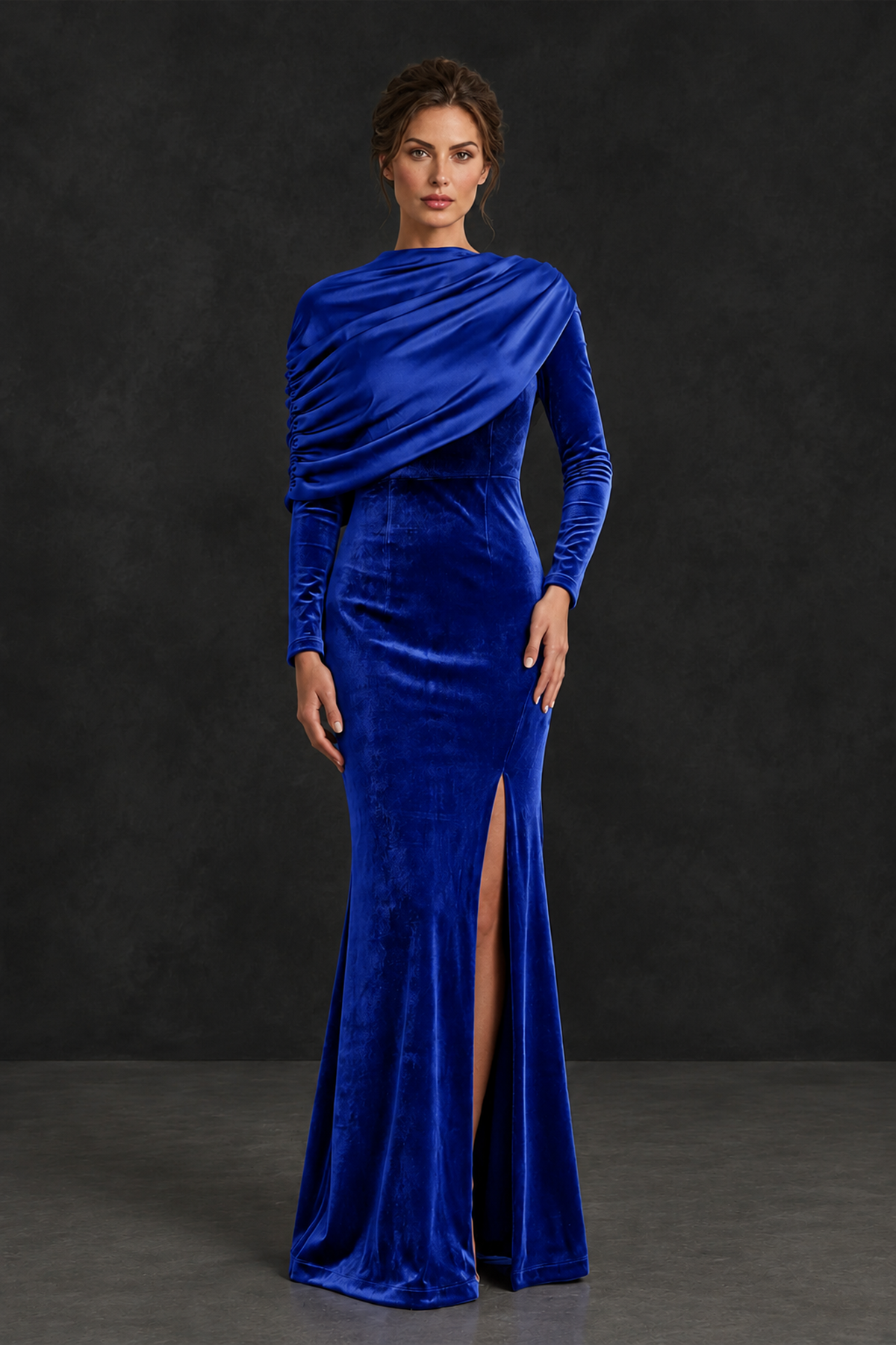 BOLODOO Royal Blue Velvet Long Sleeve Draped Mother of the Bride Dress - Royal Blue - Royal_Blue_1