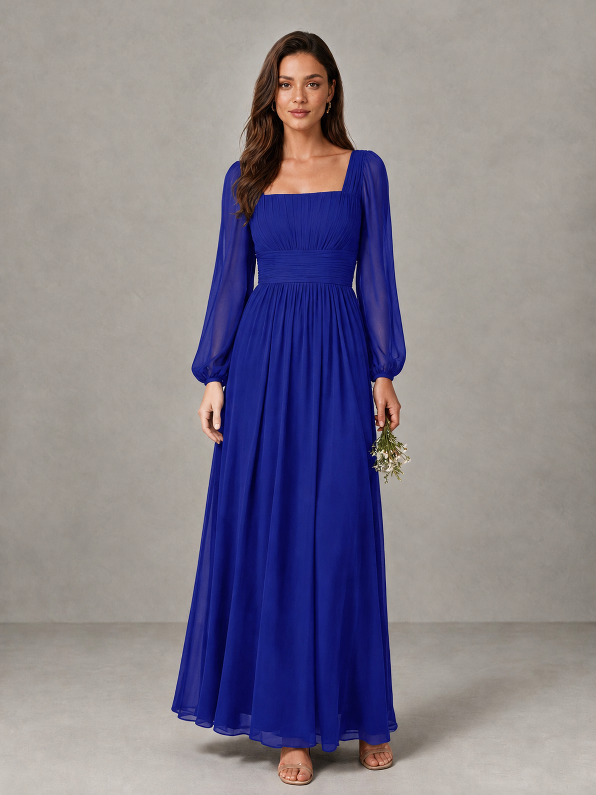 BOLODOO Royal Blue Square Neck Long Sleeve Chiffon Bridesmaid Dress - Royal Blue - Royal Blue_1