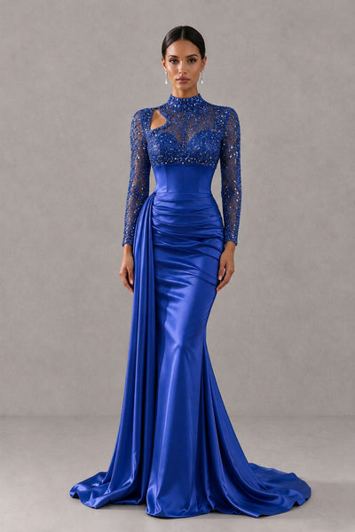 BOLODOO Royal Blue Long Sleeve Embellished Satin Mermaid Evening Gown - Royal Blue - Royal Blue_1