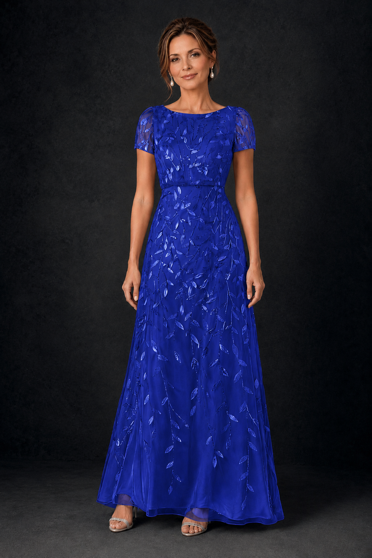 BOLODOO Royal Blue Leaf Embroidered A-Line Formal Gown with Cap Sleeves - Royal Blue - Royal_Blue_1