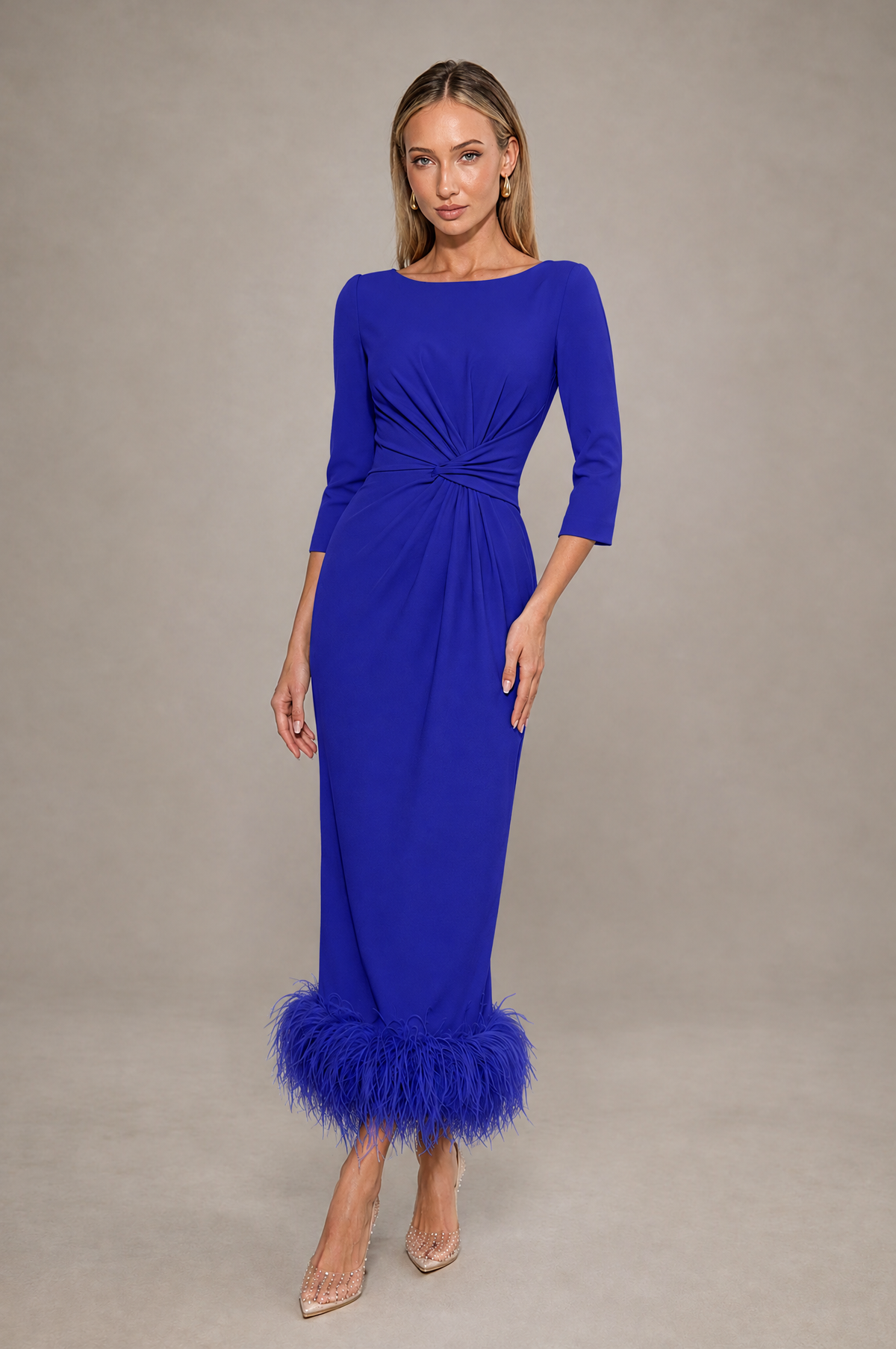 BOLODOO Royal Blue Feather-Trim Twist-Waist Midi Dress - Royal Blue - Royal_Blue_1