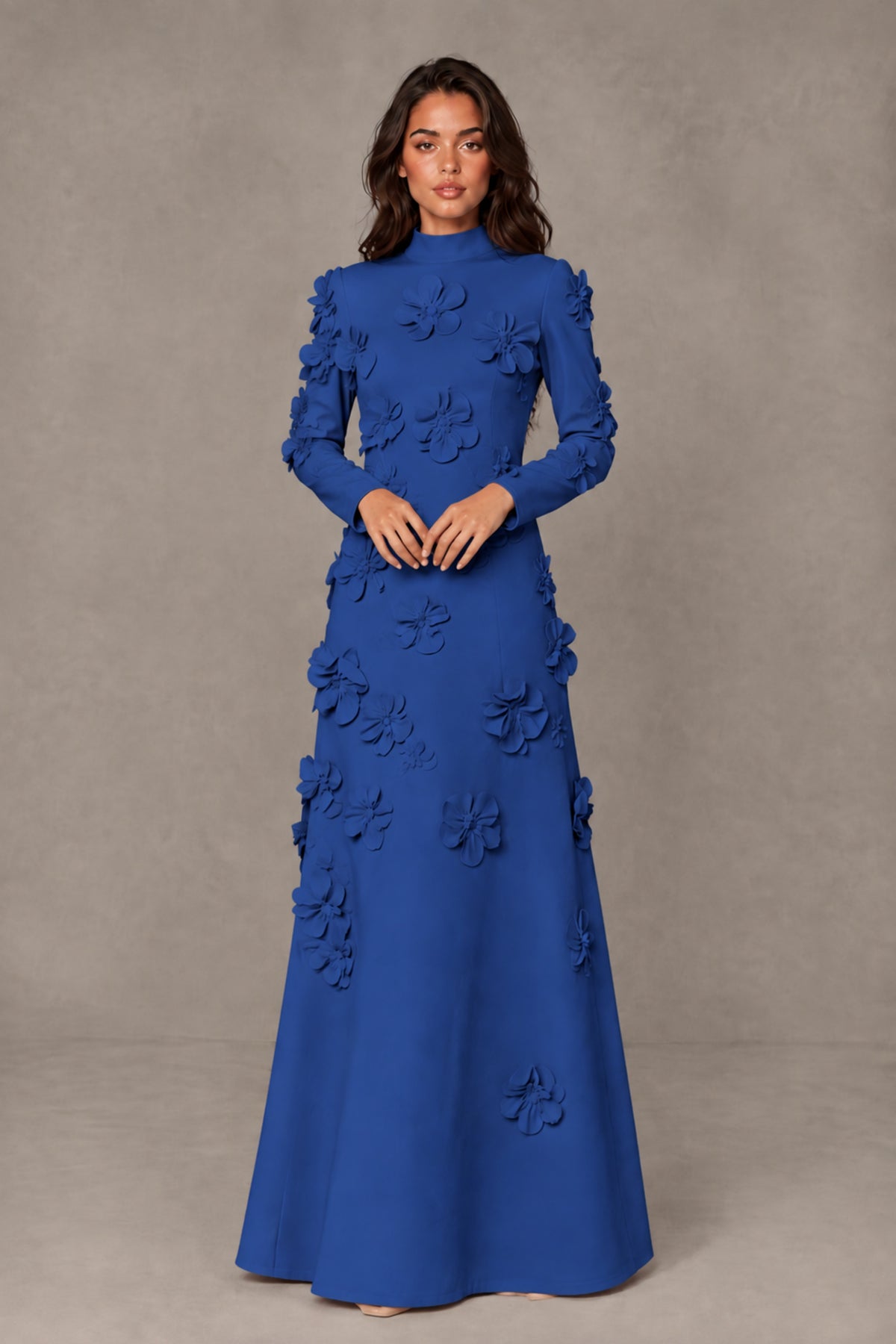 BOLODOO Royal Blue High Neck Long Sleeve 3D Floral Evening Gown - Royal Blue