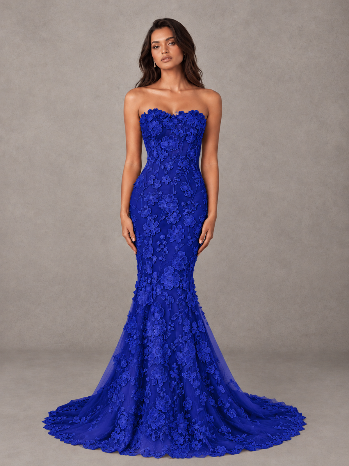 BOLODOO Royal Blue Strapless 3D Floral Lace Mermaid Prom Dress with Train - Royal Blue - Royal Blue_1