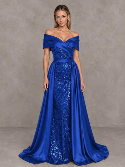 BOLODOO Royal Blue Sequin Mermaid Evening Dress with Detachable Satin Overskirt and Sweep Train - Royal Blue - Royal Blue_1