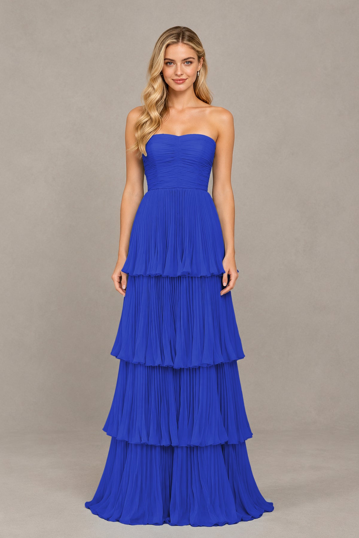 BOLODOO Royal Blue Strapless Tiered Chiffon Maxi Dress - Royal Blue