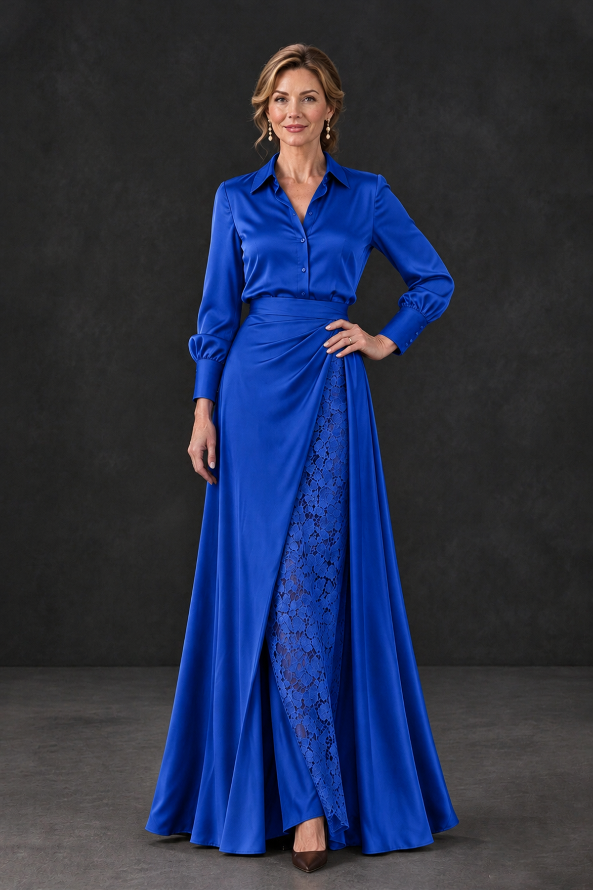 BOLODOO Royal Blue Long Sleeve Satin-Look Lace Panel Gown - Royal Blue - Royal Blue_1