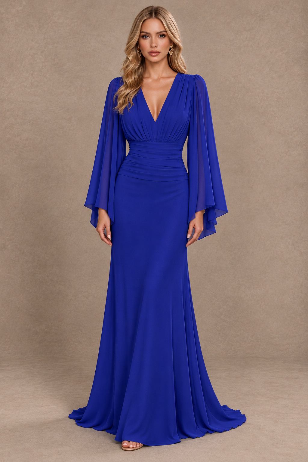 BOLODOO Royal Blue Cape Sleeve V-Neck Ruched Chiffon Evening Dress - Royal Blue - Royal Blue_1