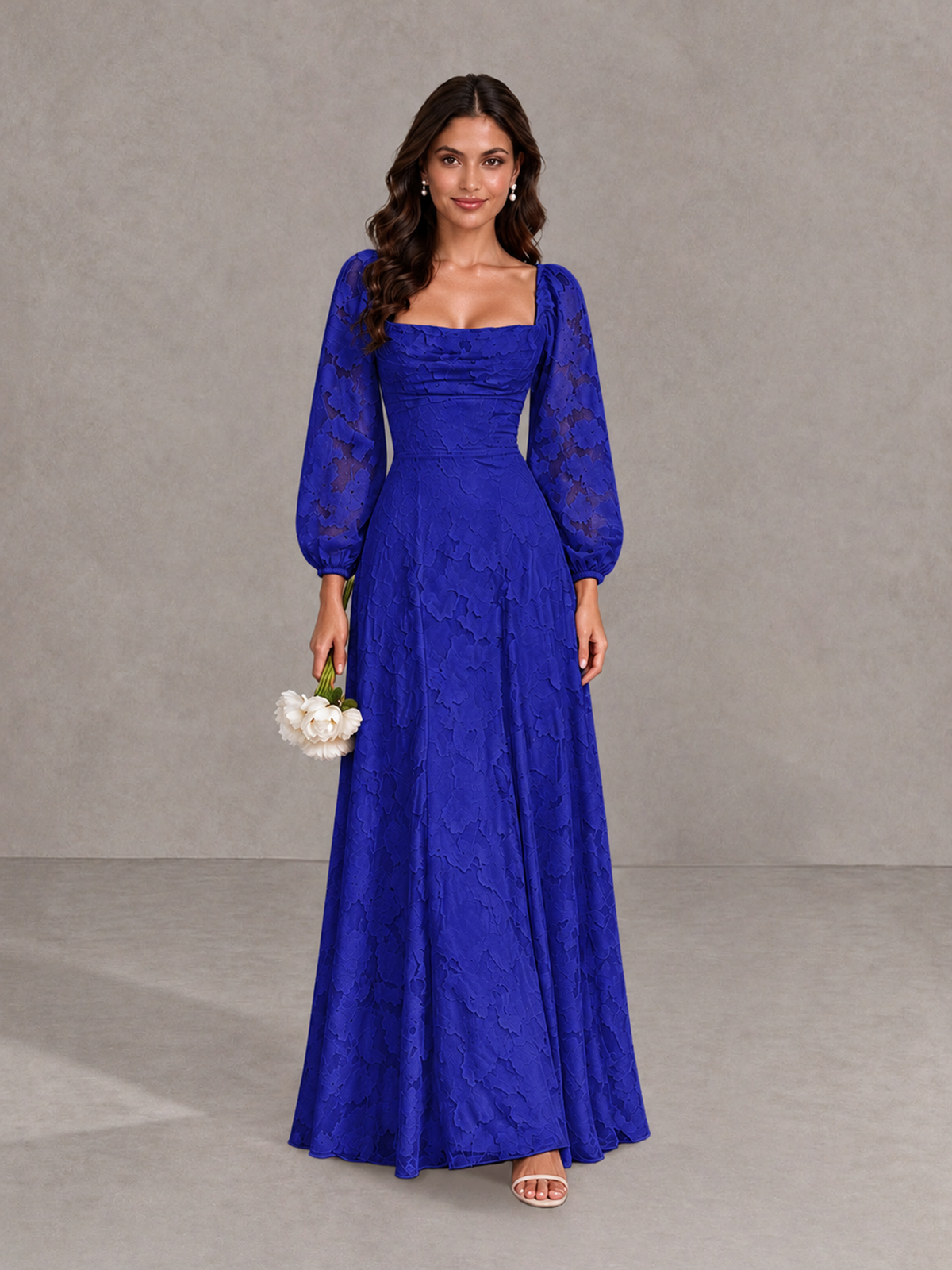 BOLODOO Royal Blue Floral Long Sleeve A-Line Bridesmaid Dress - Royal Blue - Royal Blue_1