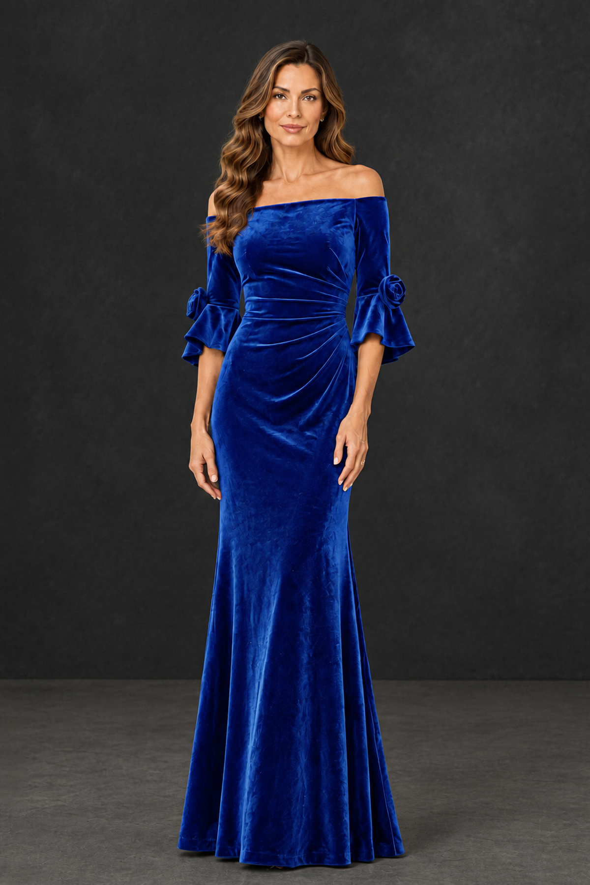 BOLODOO Royal Blue Velvet Mother of the Bride Dress with Rosette Sleeves - Royal Blue - Royal_Blue_1