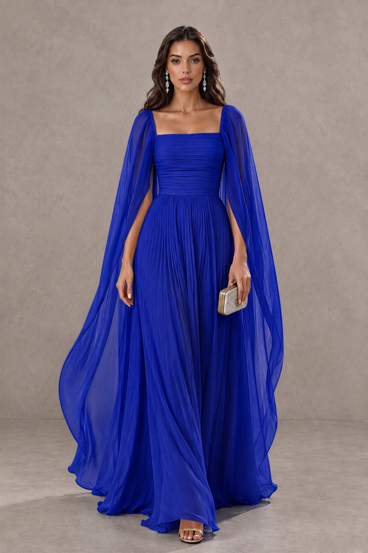 BOLODOO Royal Blue Square Neck Cape Sleeve A-Line Evening Dress - Royal Blue - Royal_Blue_1