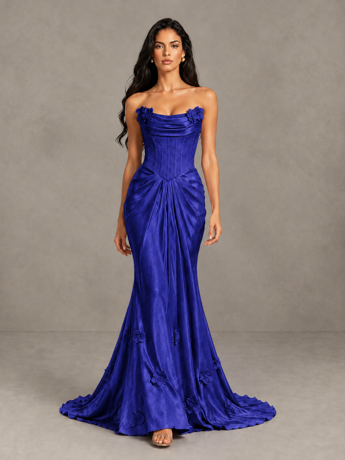 BOLODOO Royal Blue Strapless Floral Corset Evening Gown with Train - Royal Blue - Royal Blue_1