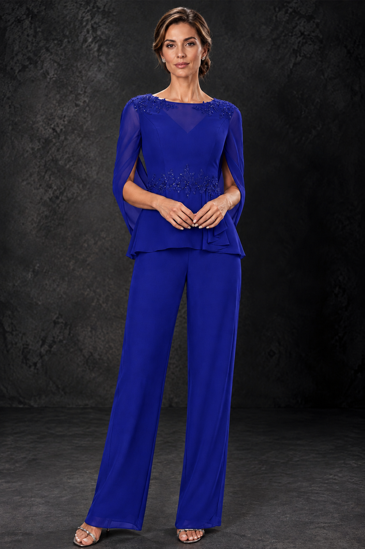 BOLODOO Royal Blue Embellished Cape Sleeve Mother of the Bride Pantsuit - Royal Blue - Royal_Blue_1