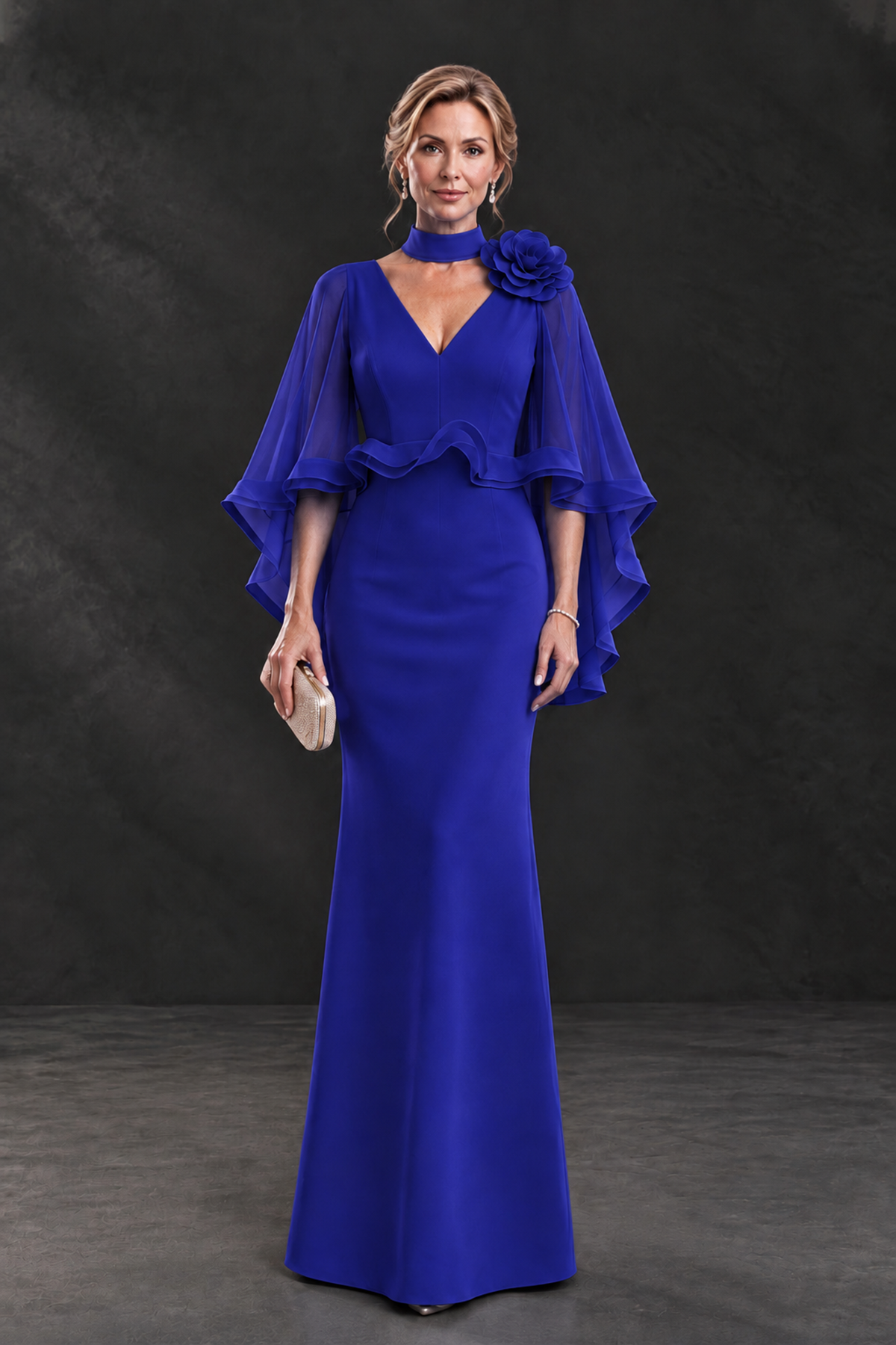 BOLODOO Royal Blue Floral Cape Sleeve Mother of the Bride Dress - Royal Blue - Royal_Blue_1