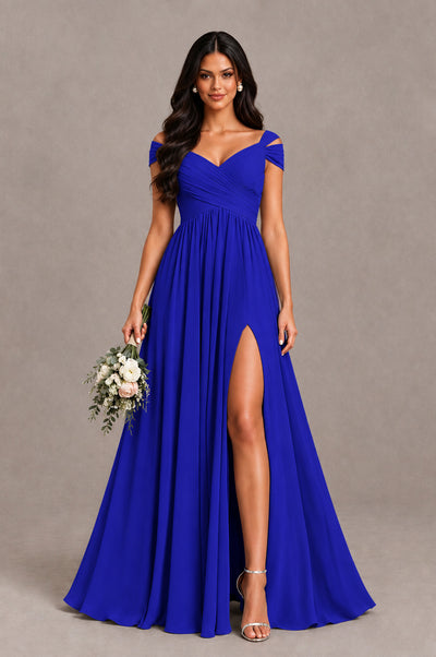 BOLODOO Royal Blue Cold Shoulder Chiffon Evening Dress with V Neck and High Slit - Royal Blue - Royal Blue_1