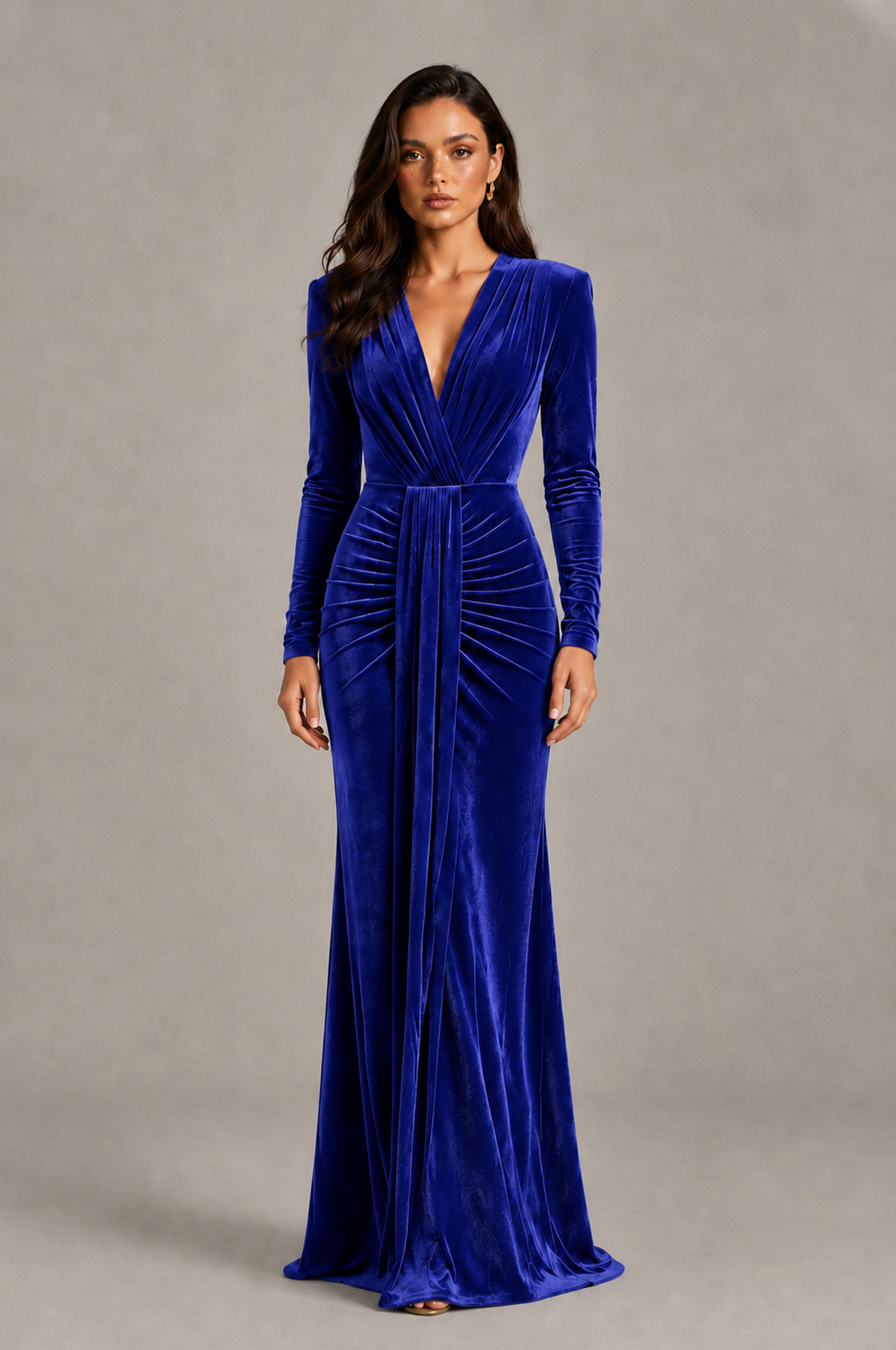 BOLODOO Royal Blue Velvet Long Sleeve V-Neck Ruched Evening Gown - Royal Blue