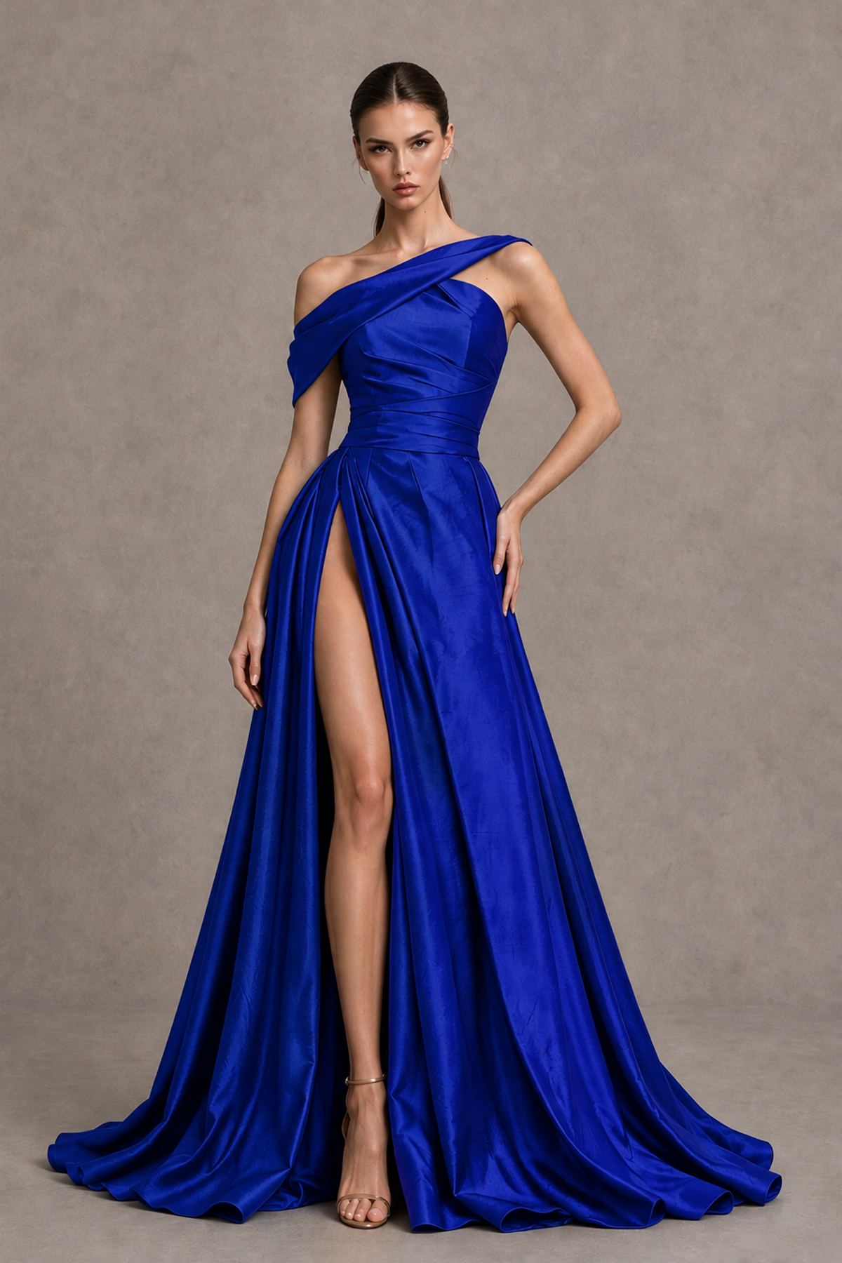 BOLODOO Royal Blue Asymmetric Satin-Look A-Line Prom Dress with High Slit - Royal Blue - Royal Blue_1