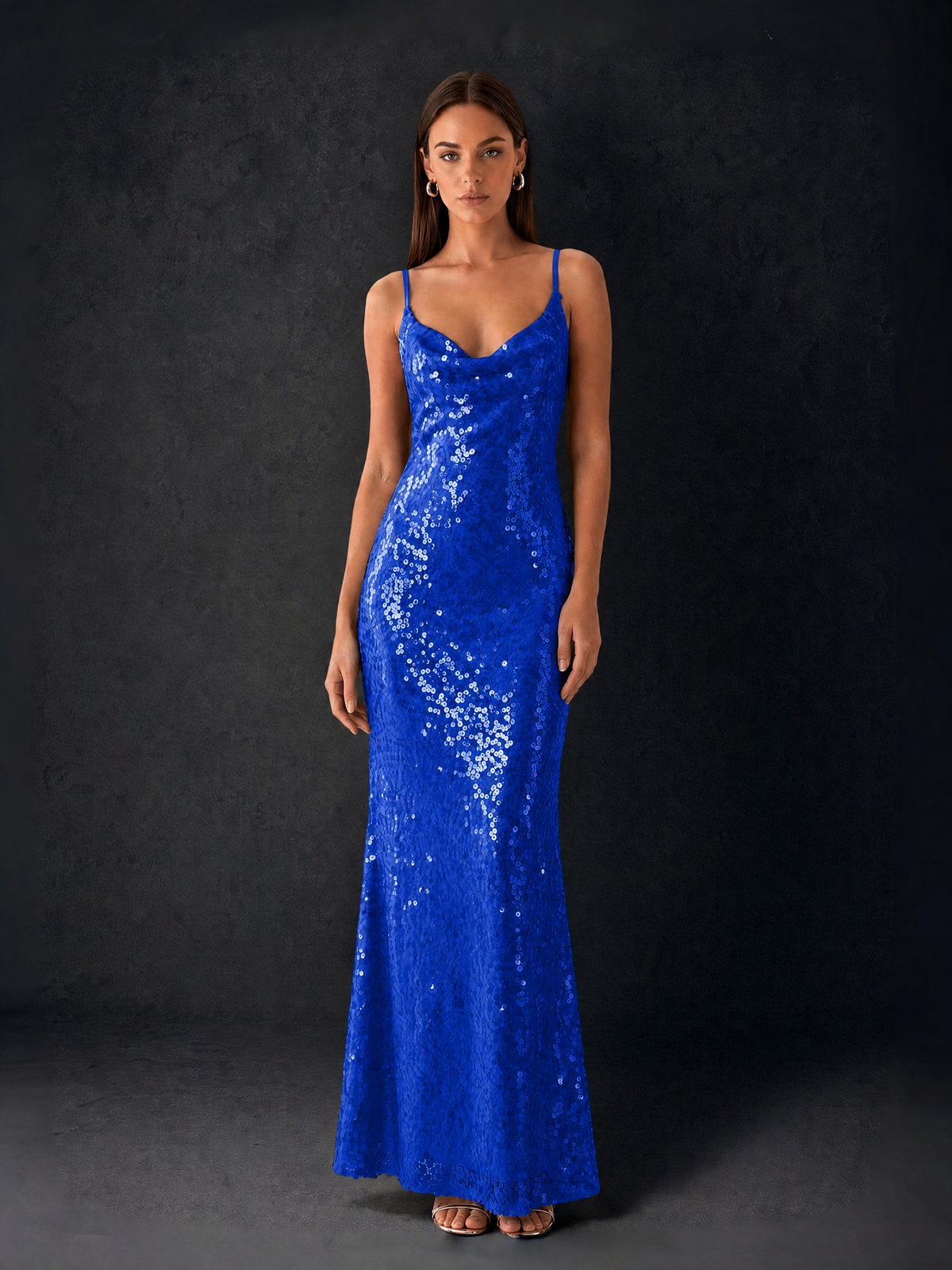 BOLODOO Bronze Sequin Cowl Neck Spaghetti Strap Mermaid Maxi Dress with Open Criss-Cross Back - Royal Blue - Royal Blue