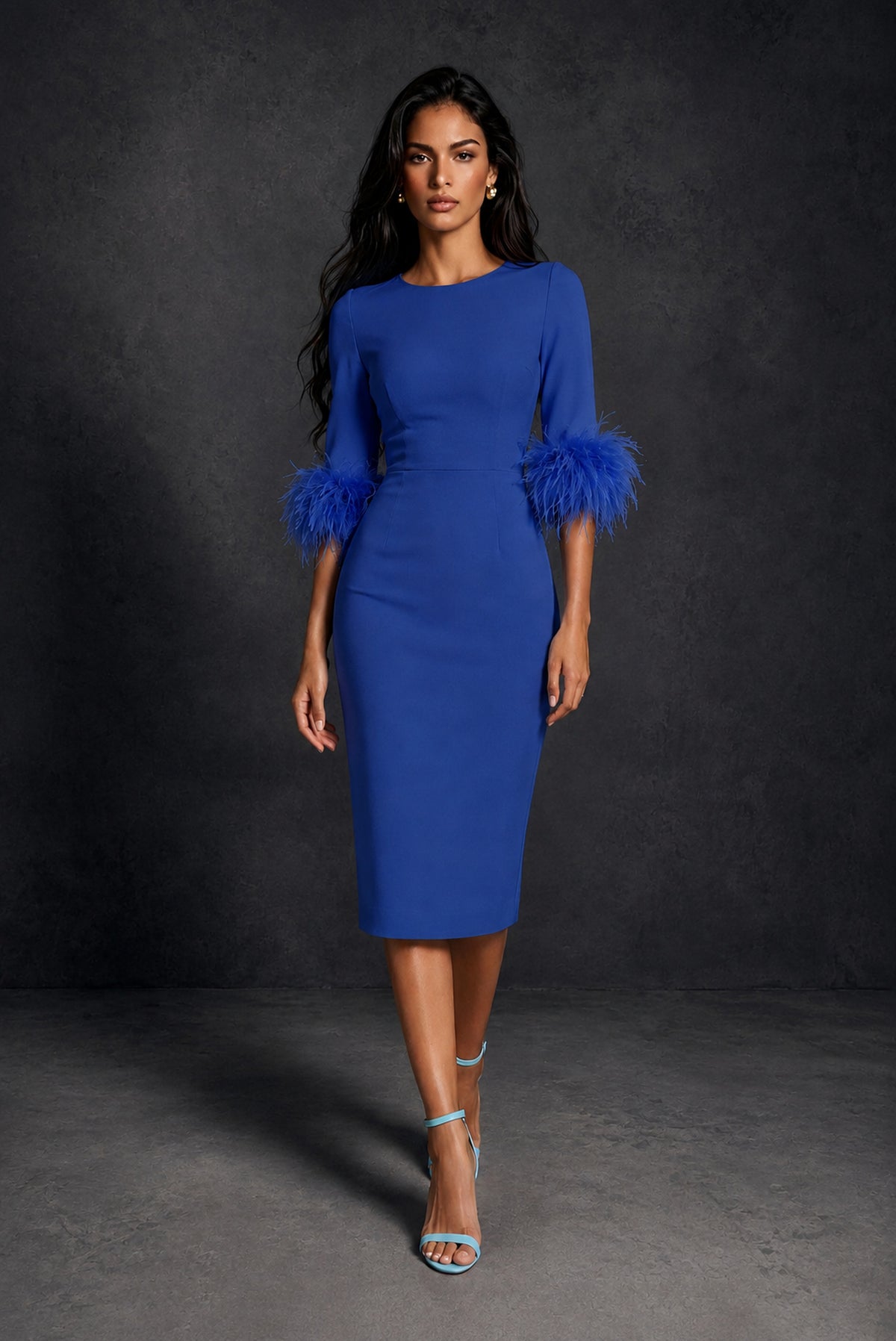 BOLODOO Royal Blue Ostrich Feather Cuff 3/4 Sleeve Round Neck Bodycon Midi Dress with Back Slit - Royal Blue