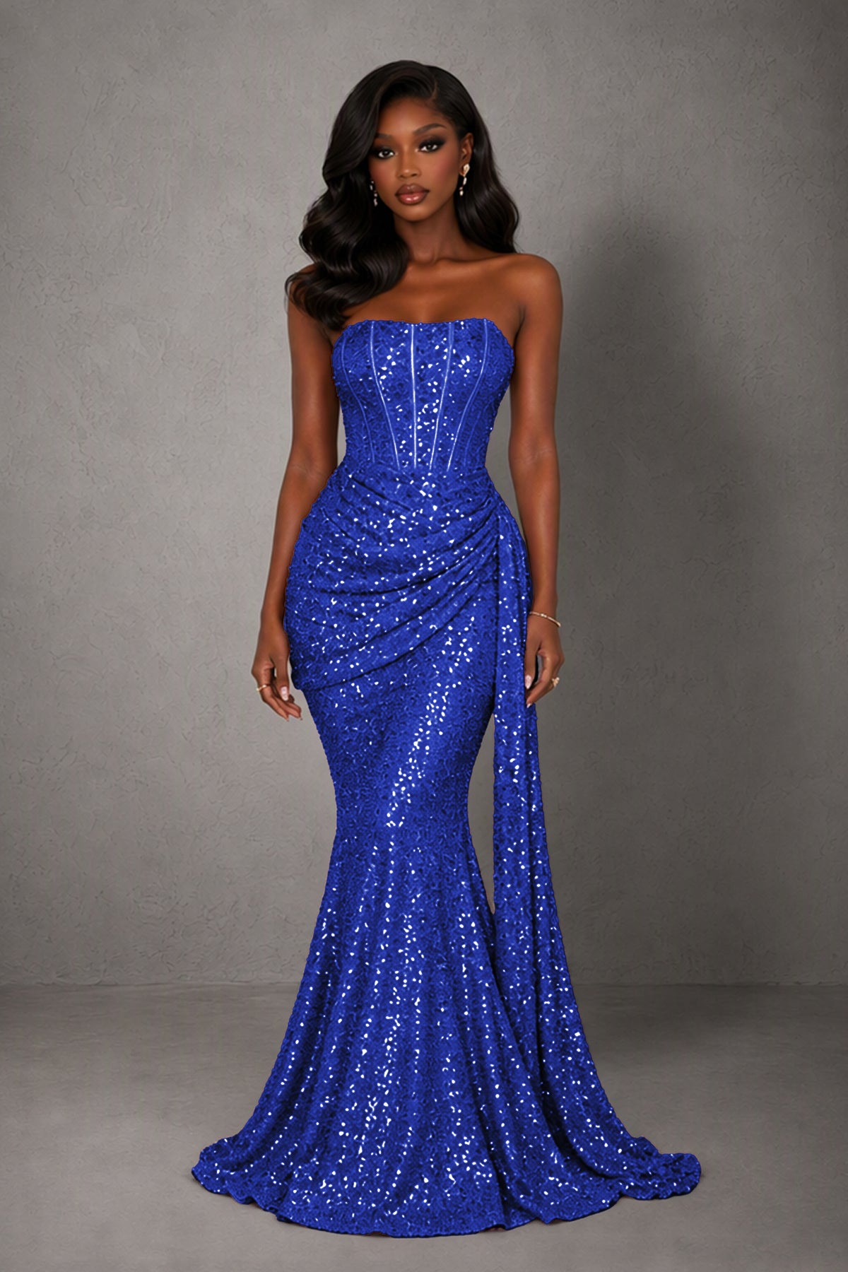 BOLODOO Royal Blue Sequin Strapless Corset Mermaid Evening Gown with Train - Royal Blue