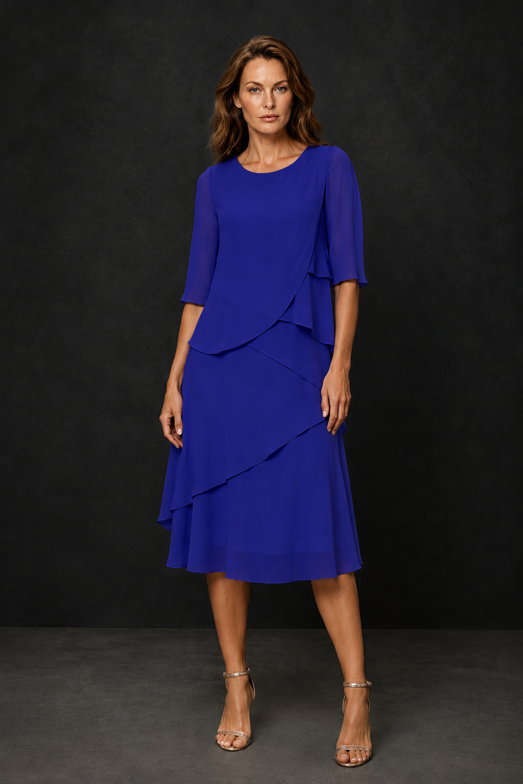 BOLODOO Royal Blue Chiffon 3/4 Sleeve Asymmetric Tiered Tea Length Dress | Mother of the Bride Midi Dress - Royal Blue
