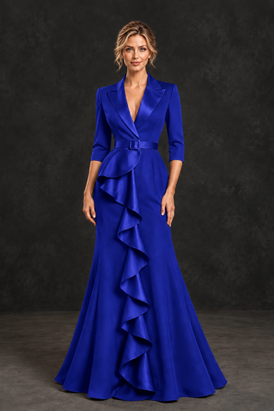 BOLODOO Royal Blue Lapel Ruffle Mother of the Bride Dress with Belt - Royal Blue - Royal Blue_1