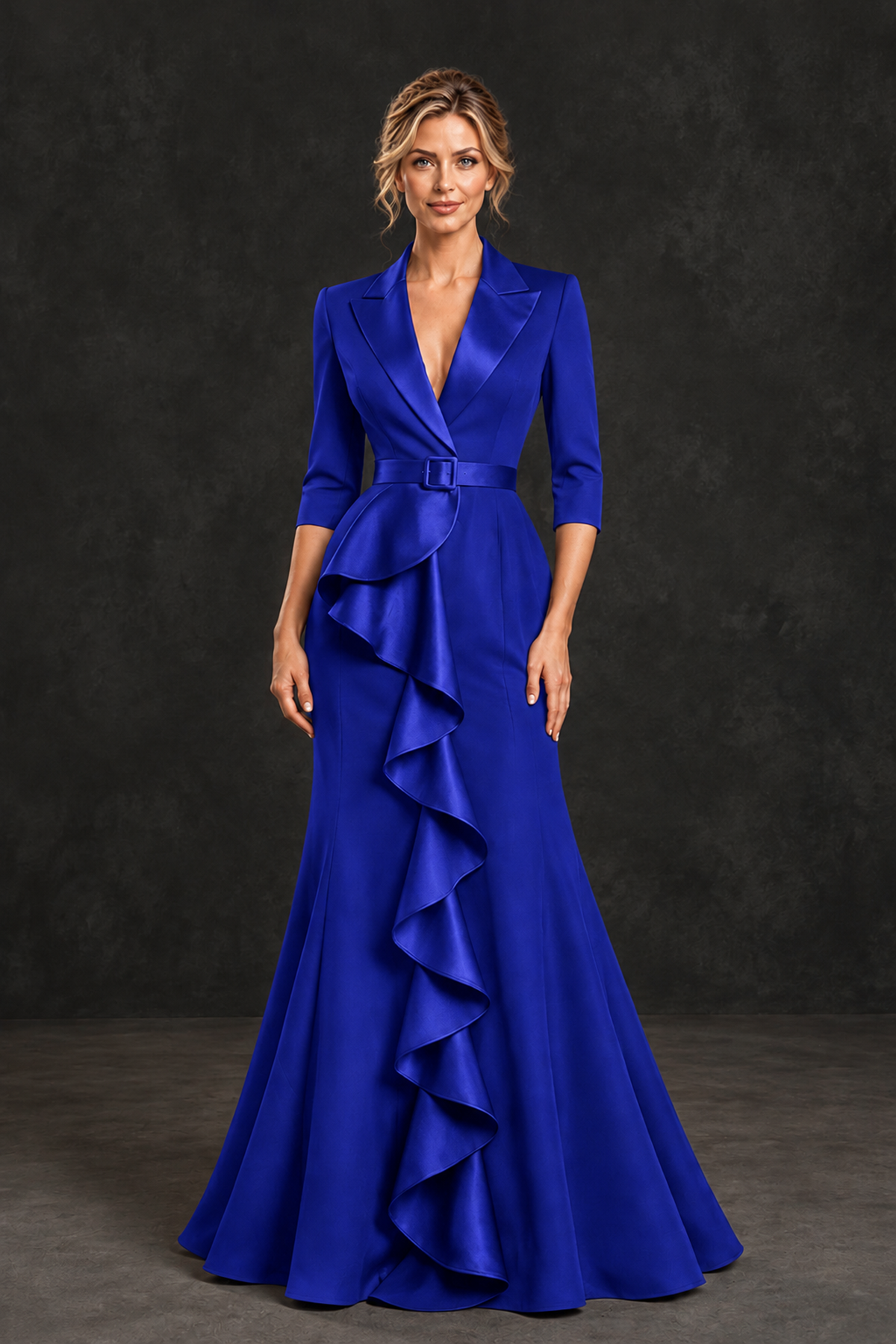 BOLODOO Royal Blue Lapel Ruffle Mother of the Bride Dress with Belt - Royal Blue - Royal Blue_1