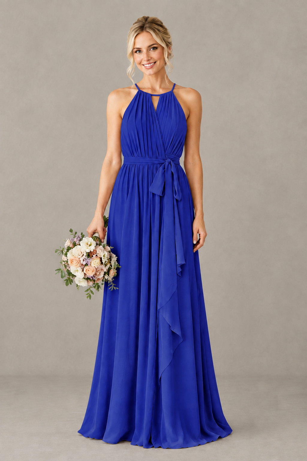 BOLODOO Royal Blue Halter Chiffon Bridesmaid Dress with High Slit - Royal Blue